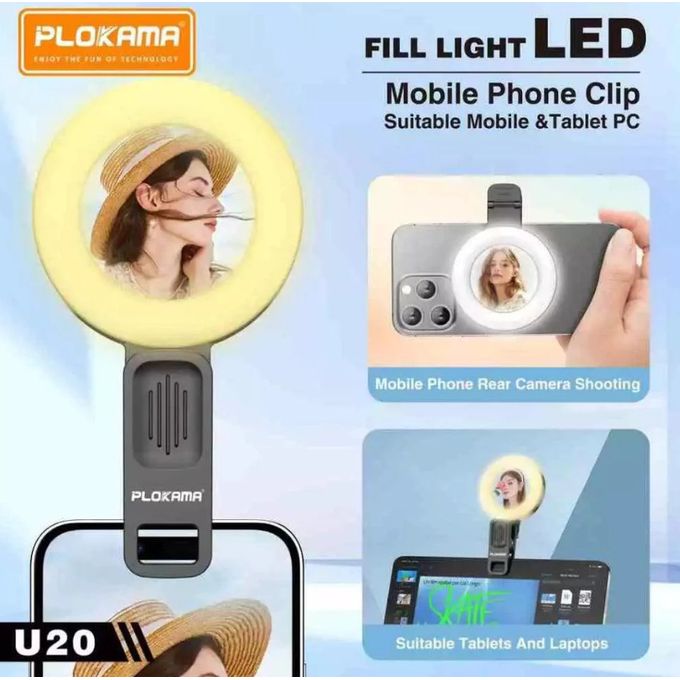 PLOKAMA U20 LED Fill Light - Portable Rechargeable Clip-On Selfie Light With 3 Color Modes, 6 Brightness Levels, 180° Rotation & Built-in Mirror For Phone, Video - Black