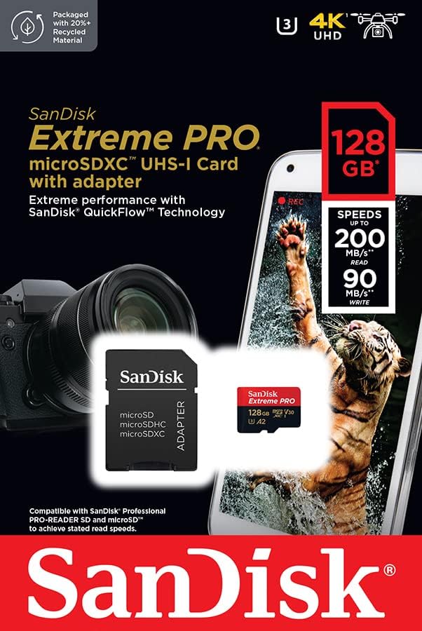 SanDisk Extreme Pro UHS I Card 128GB 200MB/s Read, 90MB/s Write for 4K Video