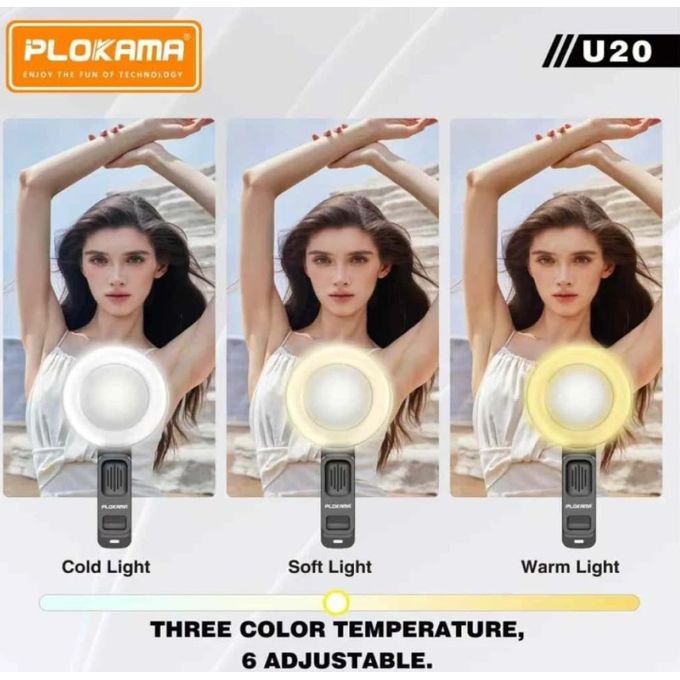 PLOKAMA U20 LED Fill Light - Portable Rechargeable Clip-On Selfie Light With 3 Color Modes, 6 Brightness Levels, 180° Rotation & Built-in Mirror For Phone, Video - Black