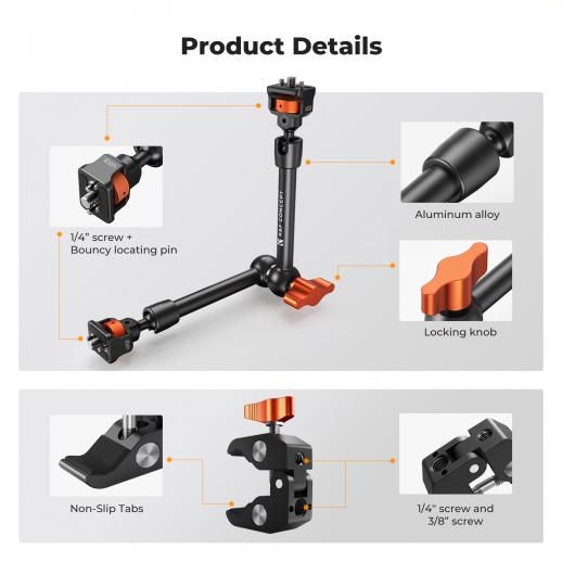 K&F Concept 11″ Magic Arm with Super Clamp, Articulating Friction Arm Kit with 1/4″ & 3/8″ Screw & Cold Shoe Mount (KF31.132) K&F Concept 11″ Magic Arm with Super Clamp, Articulating Friction Arm Kit with 1/4″ & 3/8″ Screw & Cold Shoe Mount (KF31.132)