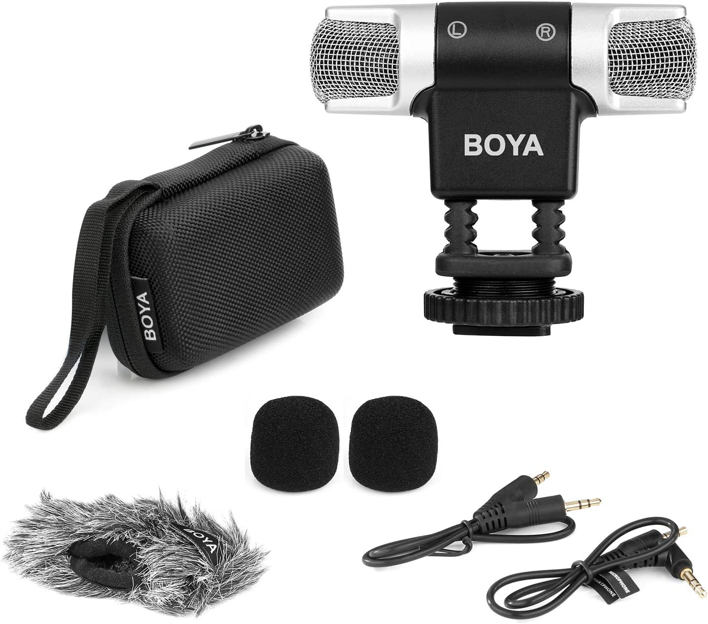 Boya MM3 Compact Condenser Stereo Video Microphone with Shock Mount, Foam & Deadcat Windscreens, Case
