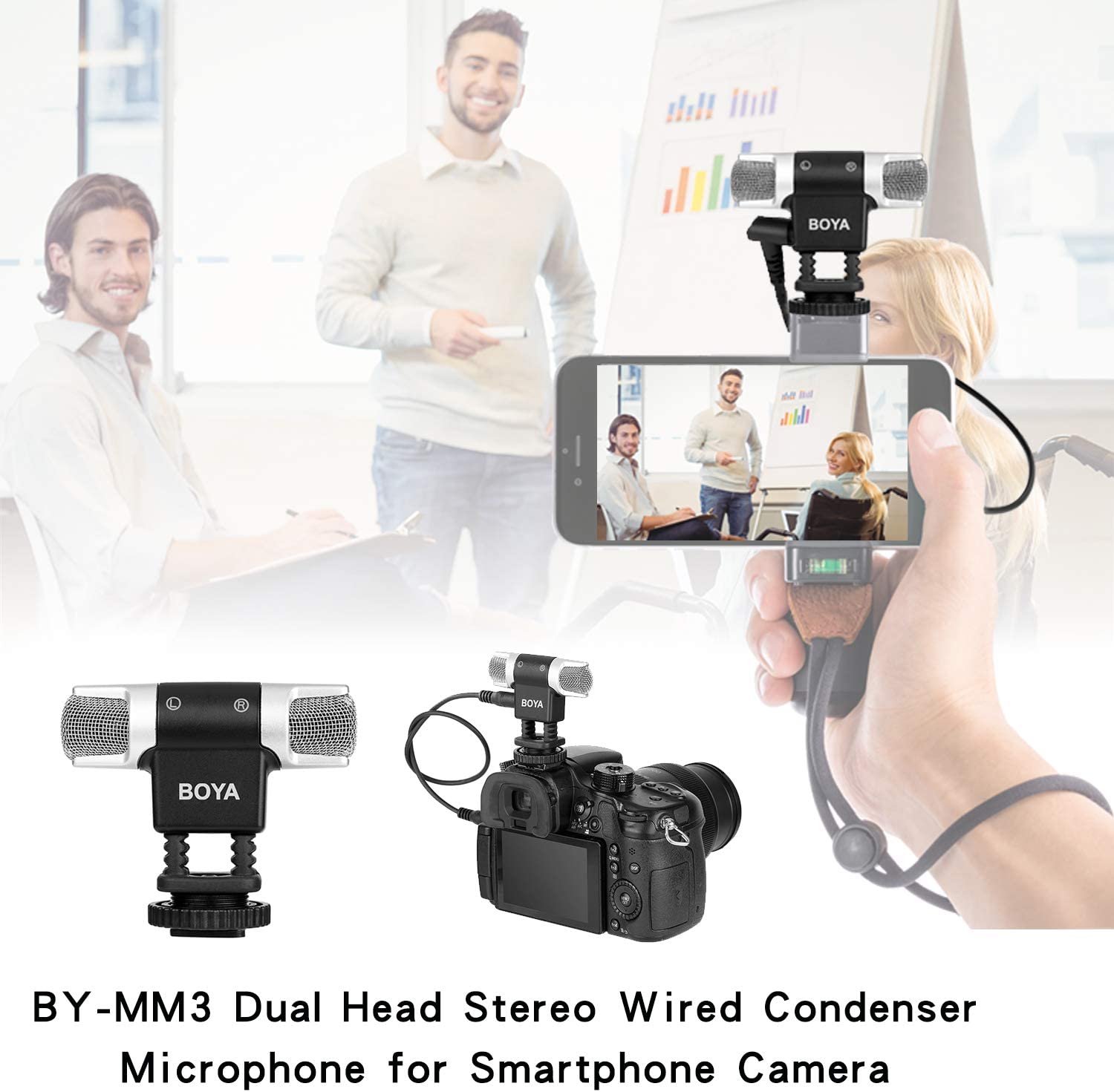 Boya MM3 Compact Condenser Stereo Video Microphone with Shock Mount, Foam & Deadcat Windscreens, Case