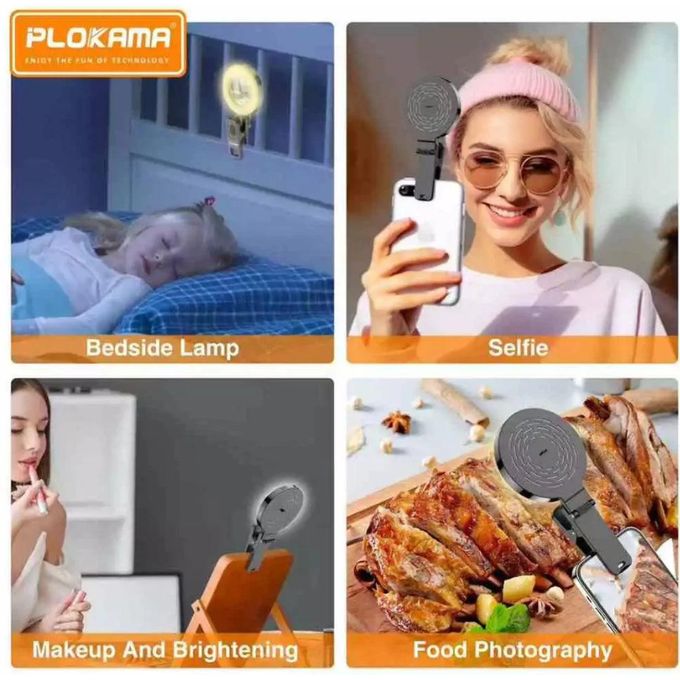 PLOKAMA U20 LED Fill Light - Portable Rechargeable Clip-On Selfie Light With 3 Color Modes, 6 Brightness Levels, 180° Rotation & Built-in Mirror For Phone, Video - Black