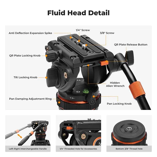 K&F Concept Professional Video Tripod with Fluid Head VA3+BV10 (KF09.147V1)