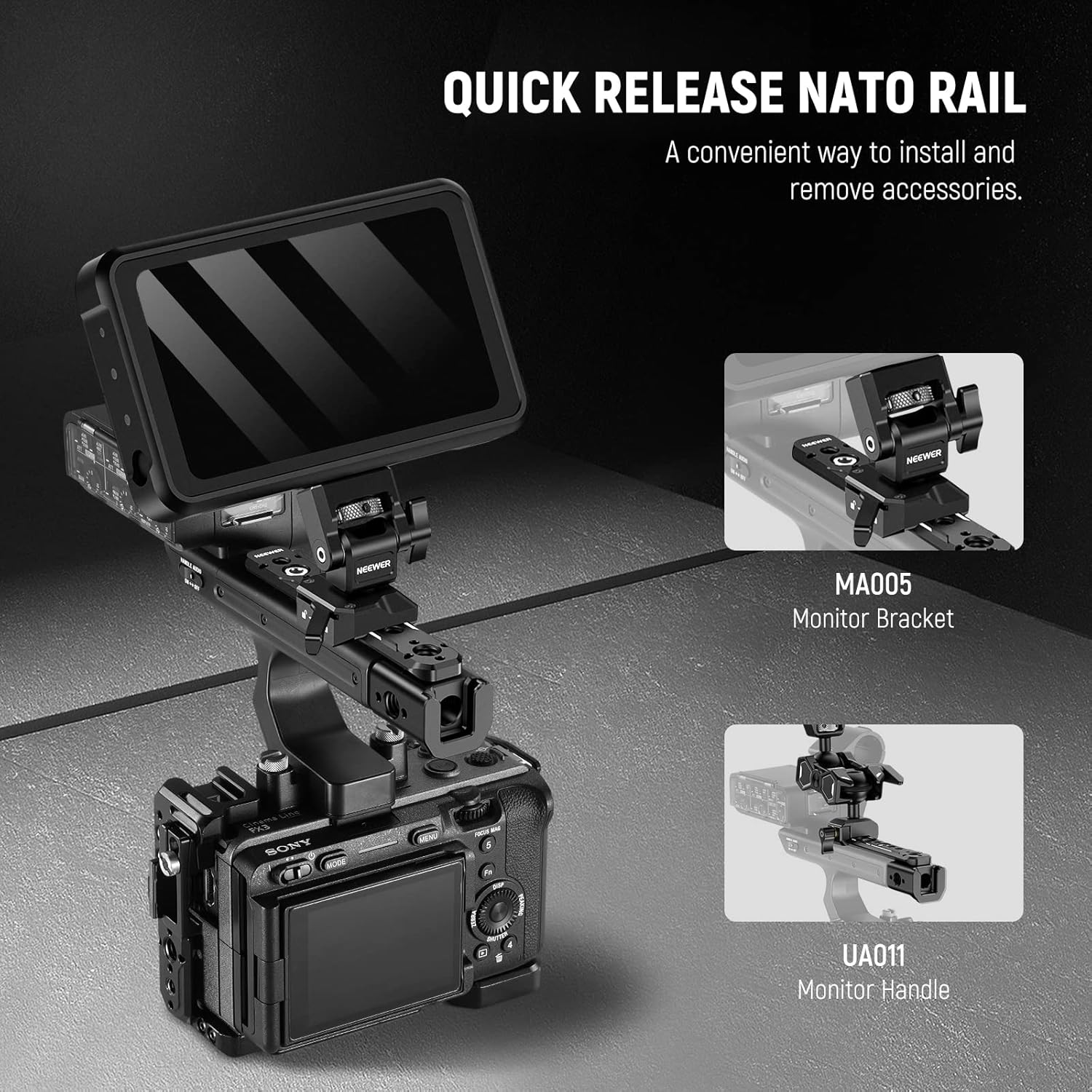 NEEWER Extension Rig Compatible with Sony XLR Handle for FX3/FX30 Camera, Extension with NATO Rail, Cold Shoe, 1/4" & 3/8" Threads, ARRI Locating Holes, Compatible with SmallRig Accessories, CA015