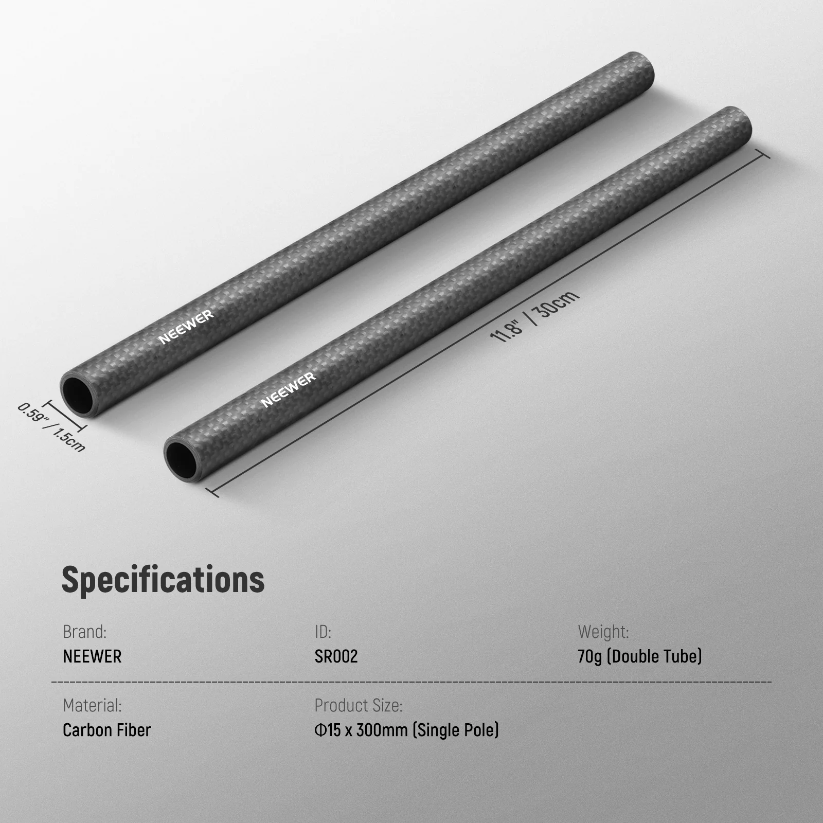 NEEWER 2 Pack 15mm Extension Rods Carbon Fiber 30cm
