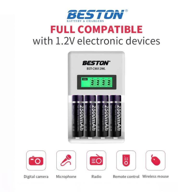 BESTON Battery Charger C9012WL with 4 PCS AA 2500mAh Ni-MH