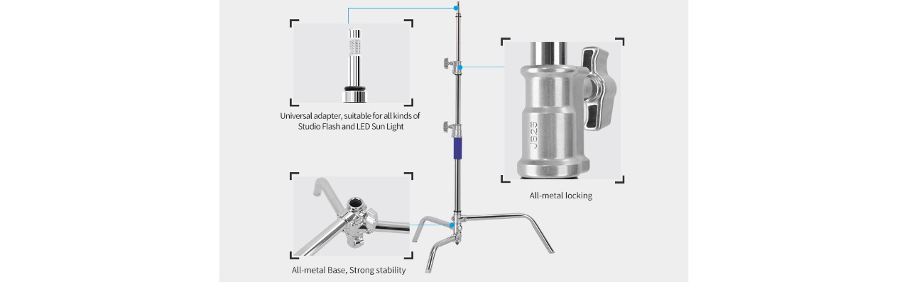 KPro Stainless Steel Heavy Duty C Stand with Boom Arm for Studio Monolight, Softbox, Reflector