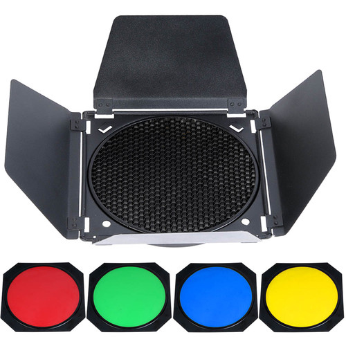 Universal Barndoor Kit with Honeycomb grid (45 Degree) and Color Gels, for Bowens