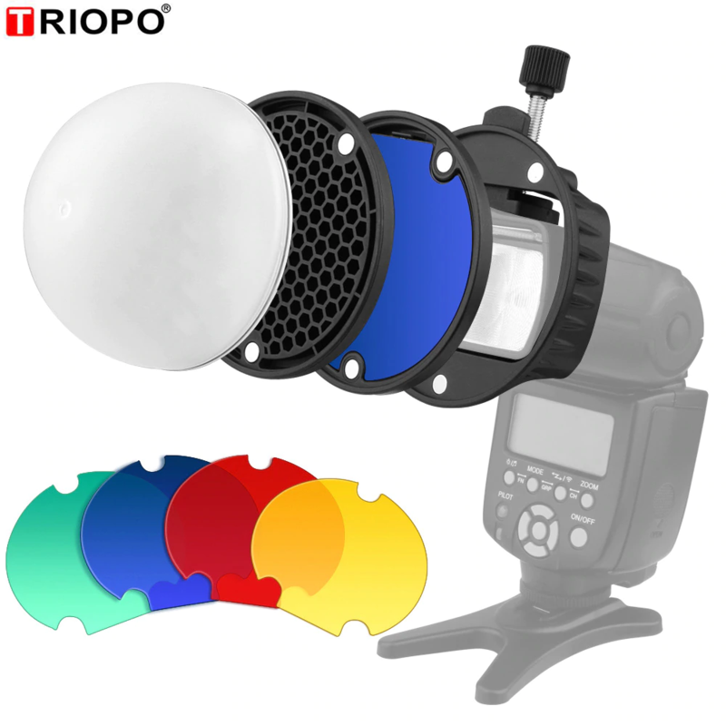 TRIOPO FLASH LIGHT MODIFIER ACCESSORIES KIT W/ MAGNETIC MOUNT ADAPTER + DIFFUSER BALL + COLOR GEL FILTERS