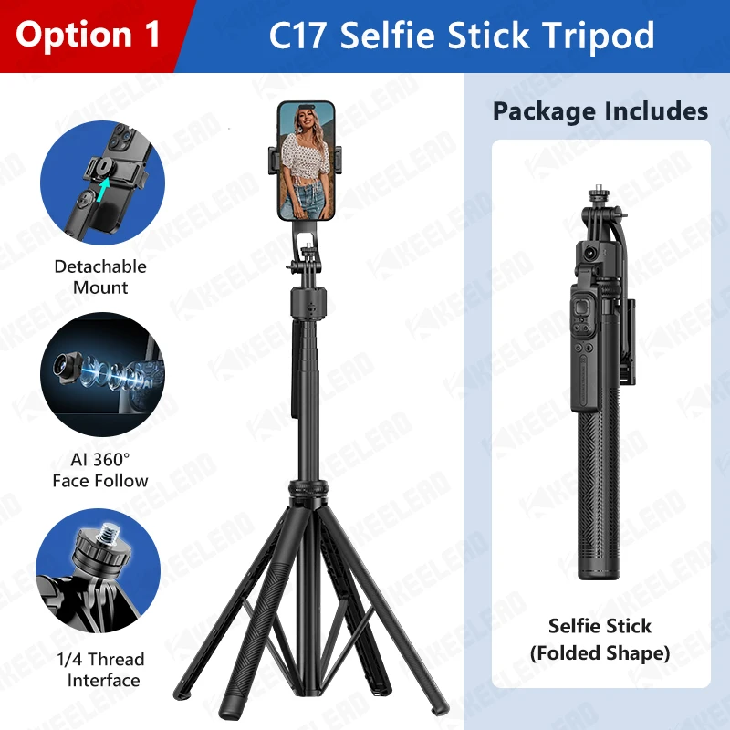 C17 Selfie Stick Tripod Phone Stand AI Follow 360° Auto Rotate for Phones Shoot Vlog with Extension Rod Bluetooth Remote Control