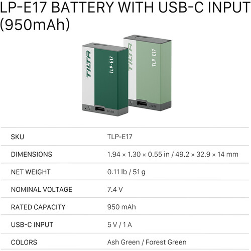 Tilta LP-E17 Kit with 2 Batteries and 2-Bay USB Charger (Forest Green) TBC-E17-A-FG Tilta LP-E17 Kit with 2 Batteries and 2-Bay USB Charger (Forest Green) TBC-E17-A-FG