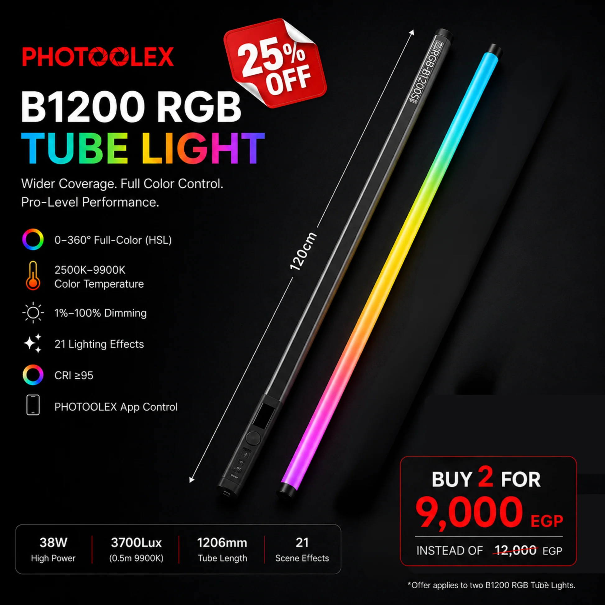 PHOTOOLEX 2- Light Kit B1200S RGB Tube Light
