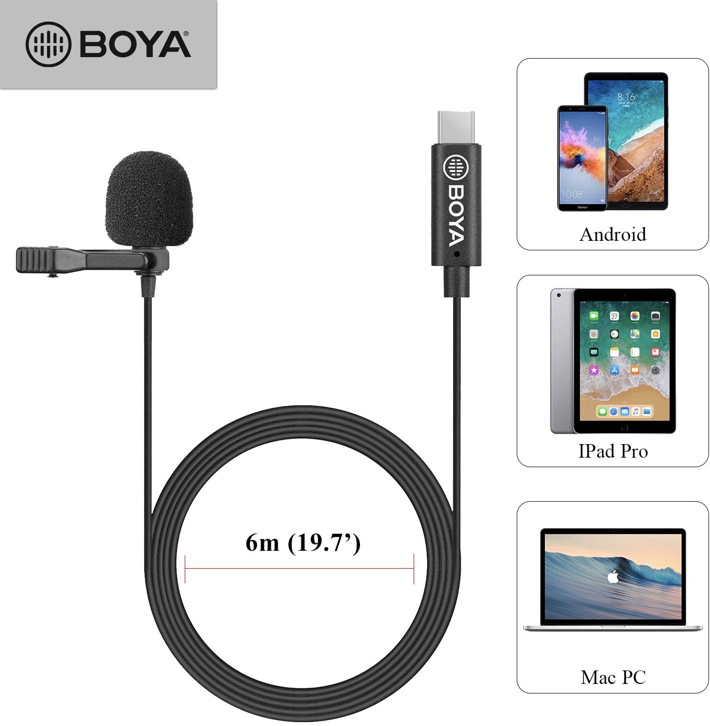 BOYA by-M3 Clip-on Omnidirectional Lavalier Microphone for USB-C Android Devices (236inch Cable Length)