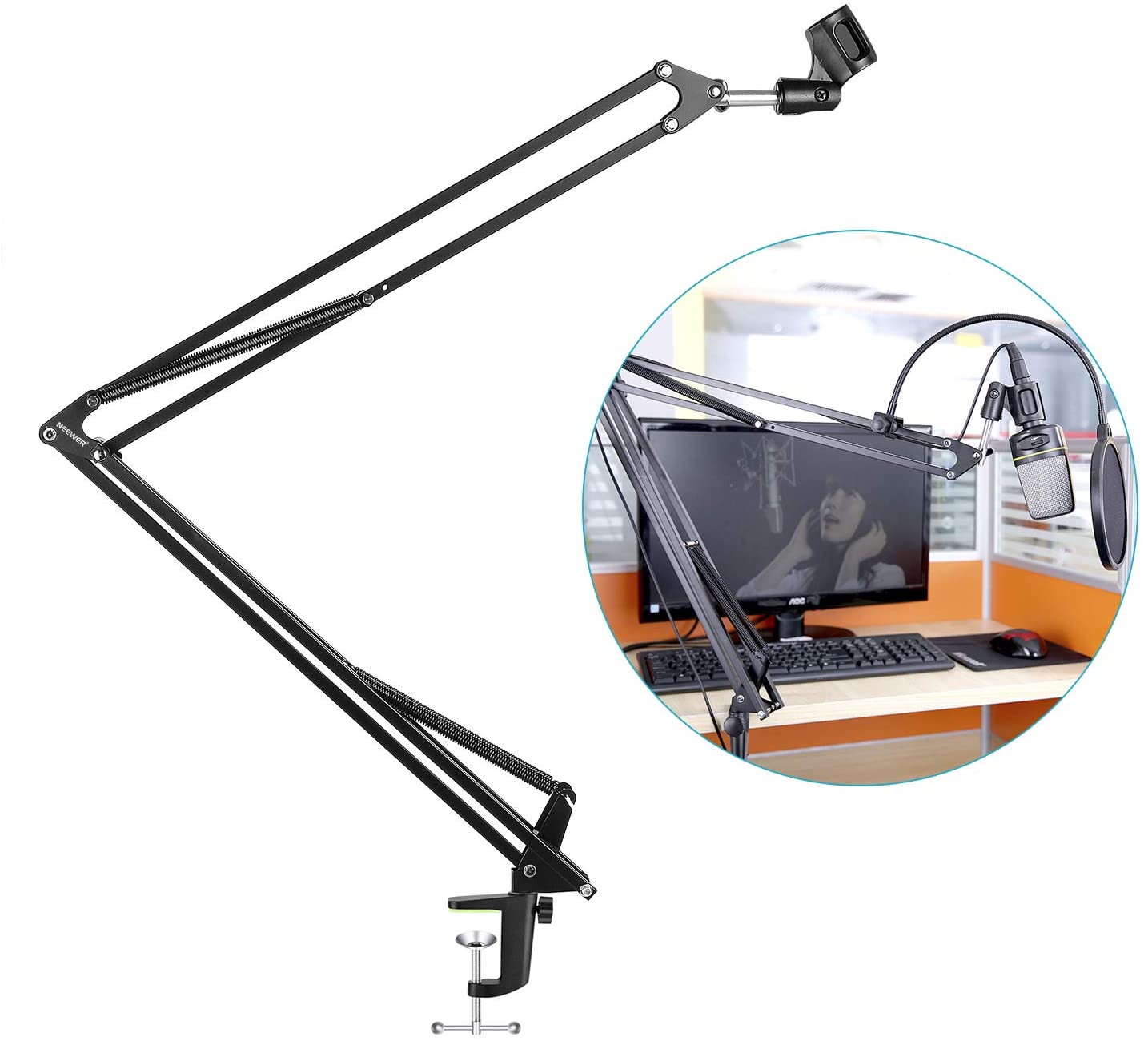 Adjustable 43.3"/110cm Studio Recording Microphone Suspension Boom Scissor Arm Stand with Microphone Clip & Table Mounting Clamp
