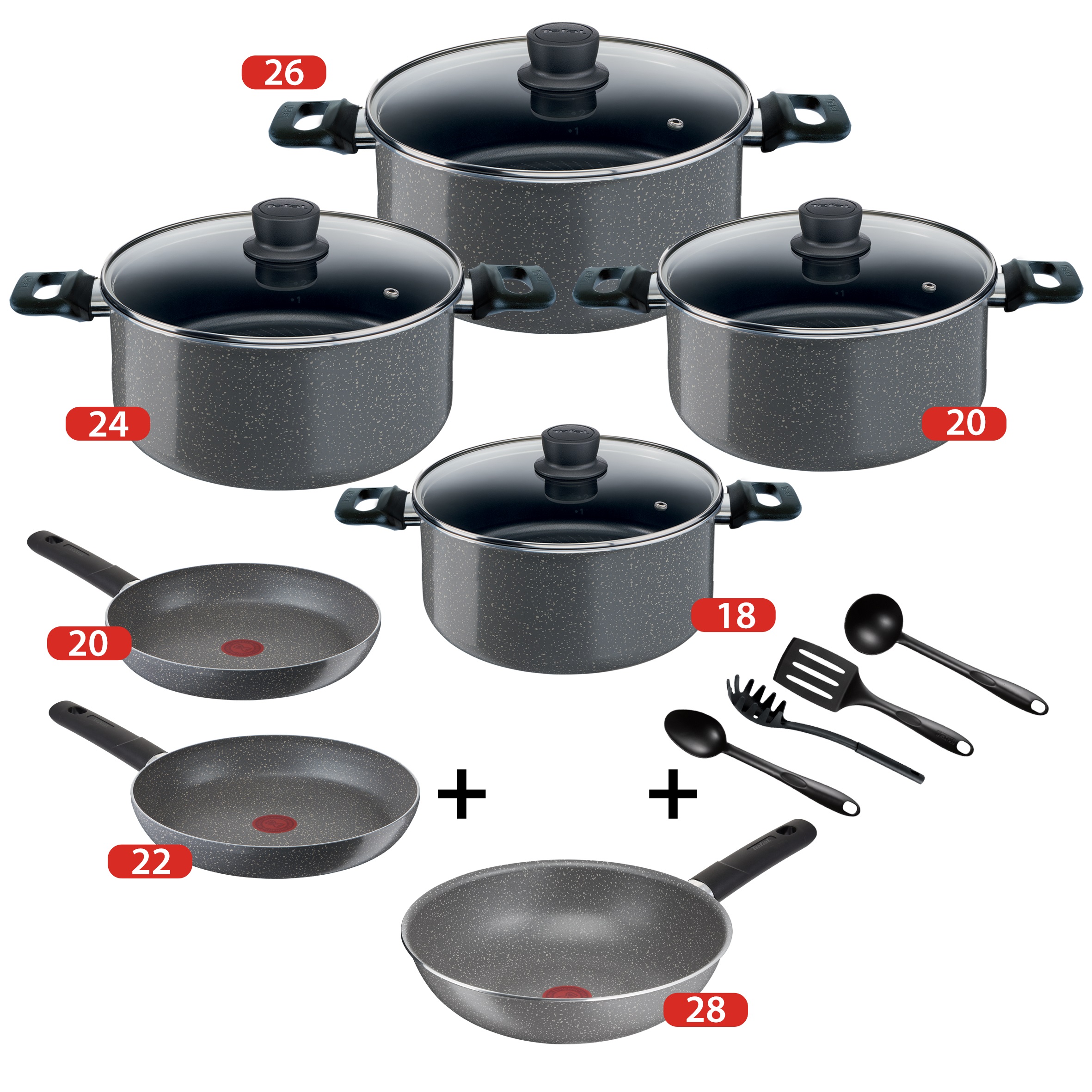 Tefal Cook Natural Cooking Set With Glass Lid - 4 Stewpots 18,20,24,26 + Frypan 20,22 + Wok 28 + Kitchen Tools Tefal Cook Natural Cooking Set With Glass Lid - 4 Stewpots 18,20,24,26 + Frypan 20,22 + Wok 28 + Kitchen Tools