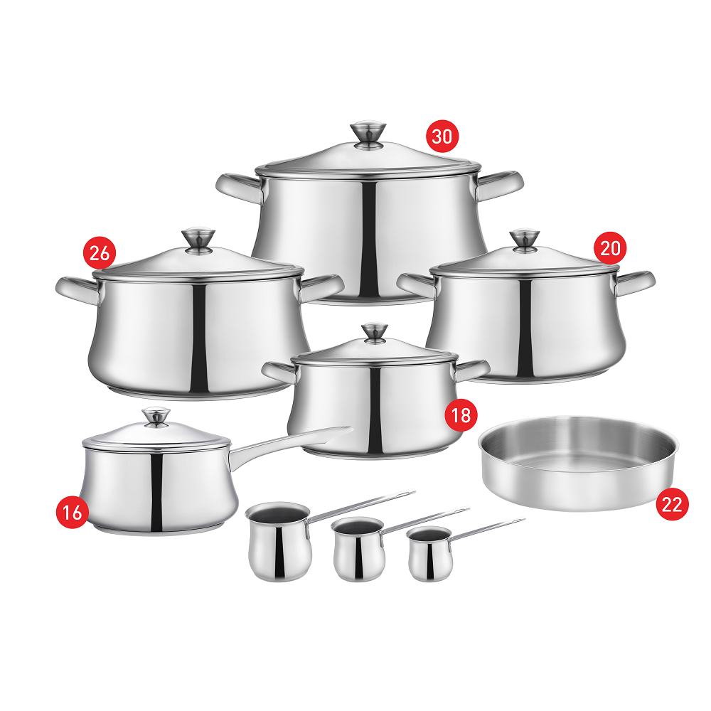 Zahran Stainless Steel Classic Cooking Set, Stewpots 18,20,26,30 + Sauce Pan 16 + Round Oven Tray 22 + 3 Coffee Pot
