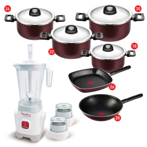 Tefal Armatal Cooking Set, Stewpots 18,22,26,30 + Wok 28 + Grill 26 + Moulinex Blender Genuine, 400 watt, 1.5 liters jar capacity, with Grinder and Grater - LM2421EG - 220708136 Tefal Armatal Cooking Set, Stewpots 18,22,26,30 + Wok 28 + Grill 26 + Moulinex Blender Genuine, 400 watt, 1.5 liters jar capacity, with Grinder and Grater - LM2421EG - 220708136