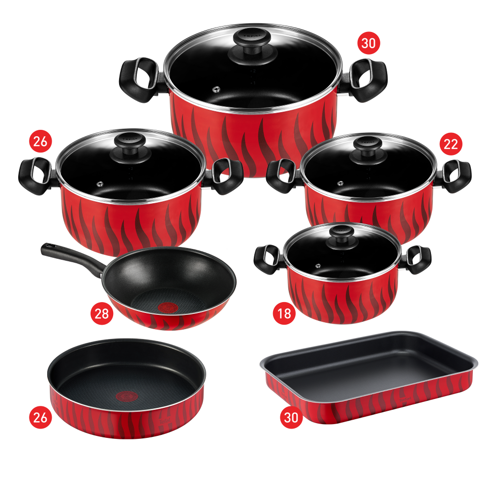 Tefal Tempo Flame Cooking Set With Glass Lid - Stewpots 18,22,26,30 + Wokpan 28 + Round Oven Tray 26 + Rectangular Oven Tray 30 - 220091014