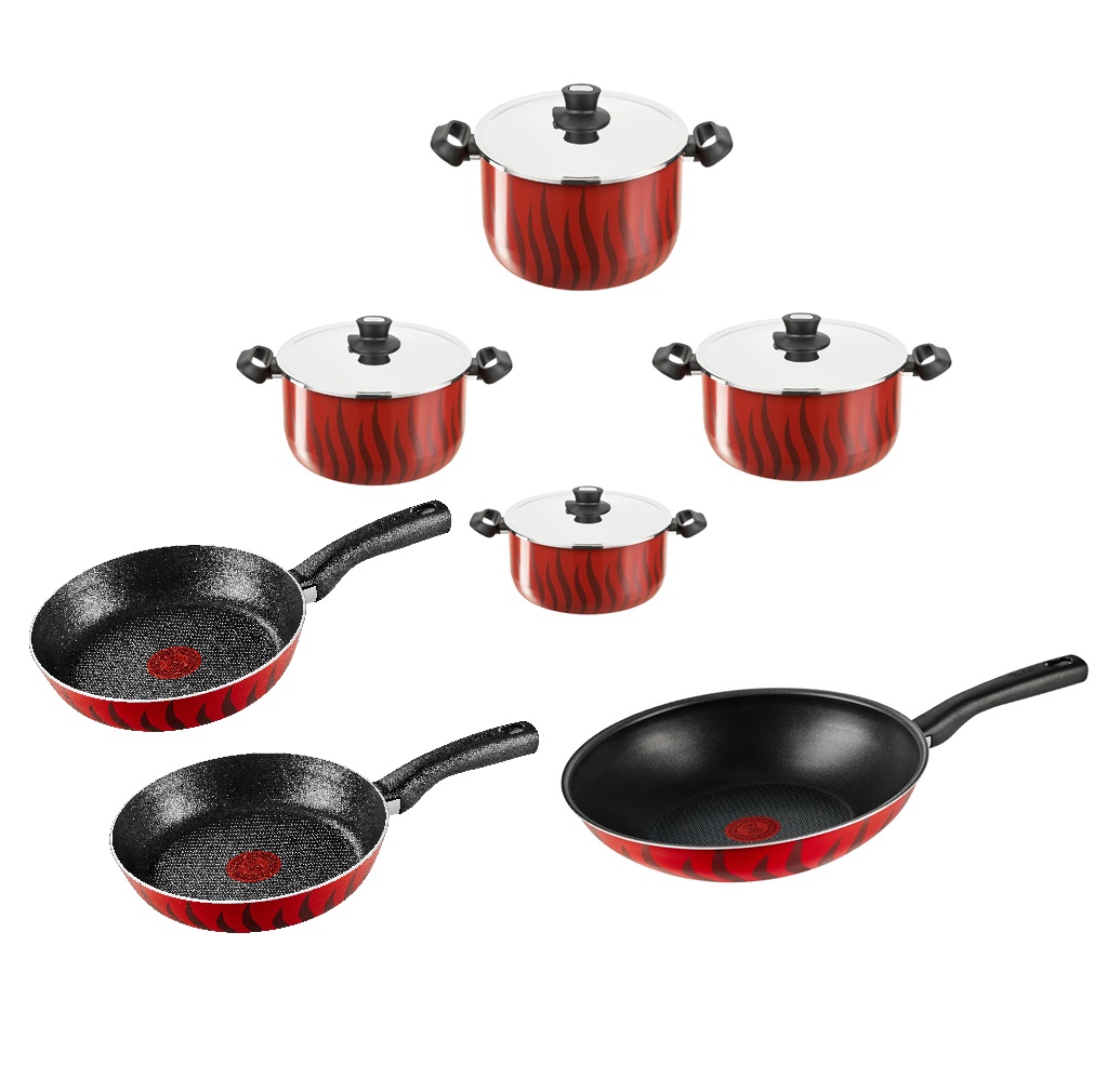 Tefal Tempo Flame Cooking Set With Stainless Steel Lid - 4 Stewpots 18,20,22,26 + Frypan 18,22 + Wok Pan 28 Tefal Tempo Flame Cooking Set With Stainless Steel Lid - 4 Stewpots 18,20,22,26 + Frypan 18,22 + Wok Pan 28