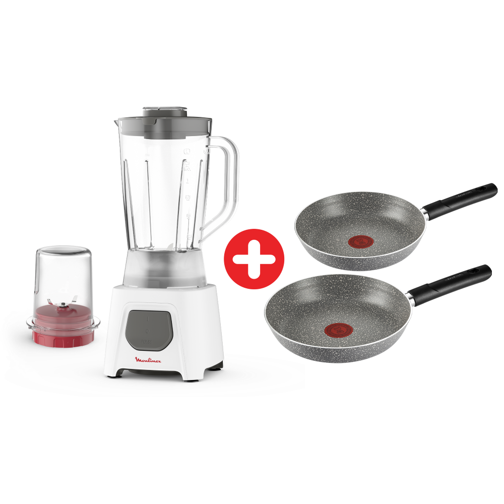 Tefal Cook Natural Frypan Set - Size 18,22 + Moulinex Blendeo Blender With Grinder, 450 Watt, 1.5 Liter - LM2B21EG
