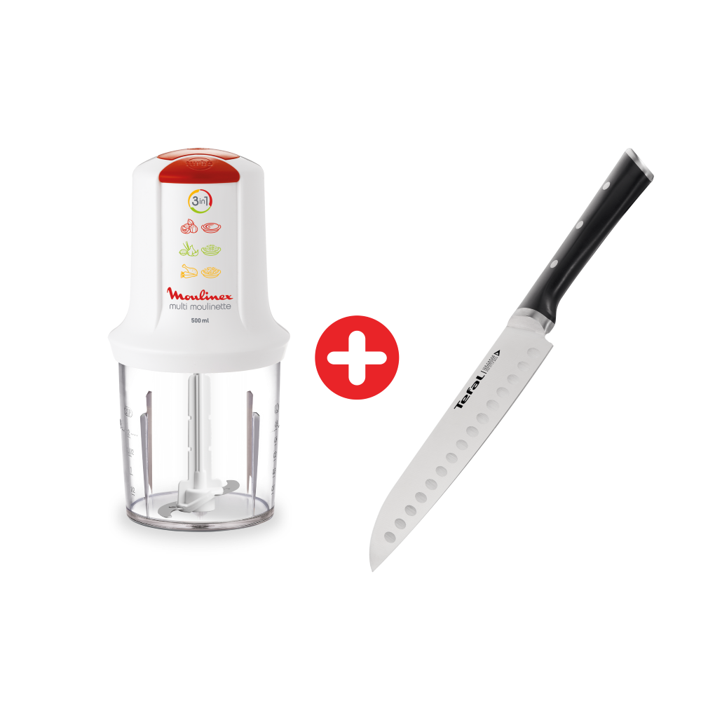 Moulinex Multi Moulinette Chopper, 500 Watt, 500 ML Chopper - AT7151EG + Tefal Santoku Kitchen Knife Ice Force Chef 18 cm - K2320614 Moulinex Multi Moulinette Chopper, 500 Watt, 500 ML Chopper - AT7151EG + Tefal Santoku Kitchen Knife Ice Force Chef 18 cm - K2320614