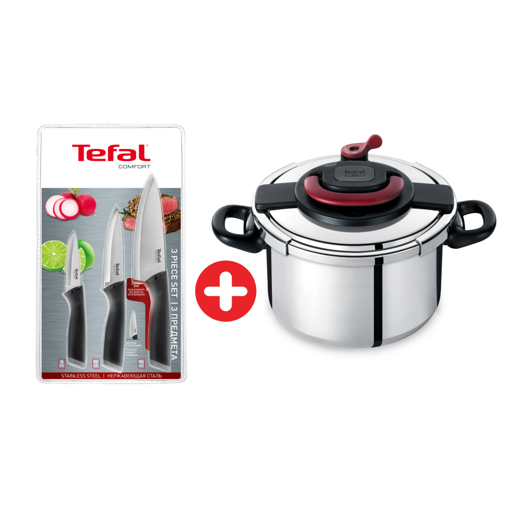 Tefal Clipso Plus 10L Pressure Cooker + Tefal Comfort Paring Knife Set, 3 Pieces ( Paring 9 cm + Utility 12 cm + Chef 15 cm ), Black