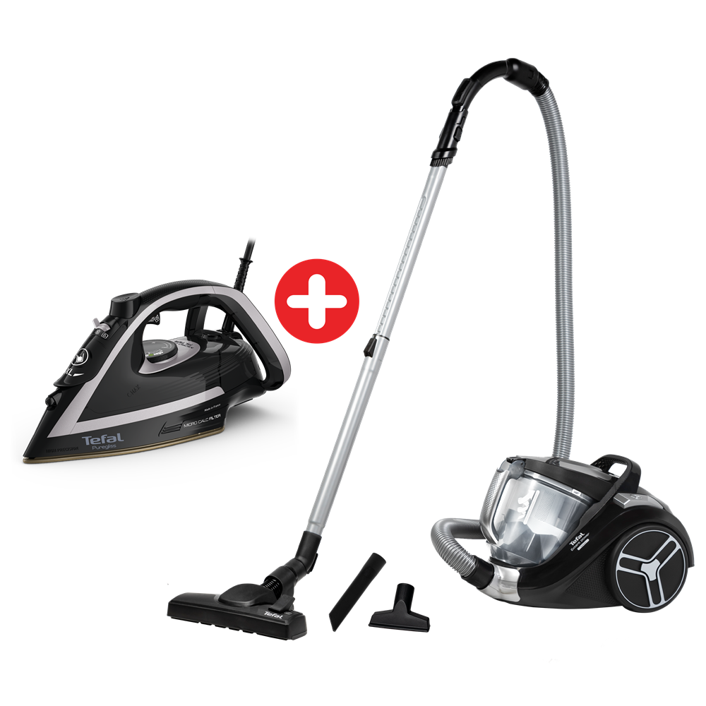 Tefal Extent Power Vacuum Cleaner, Bagless, 890W=2100W + Tefal Puregliss, Iron Steamer, 3000W