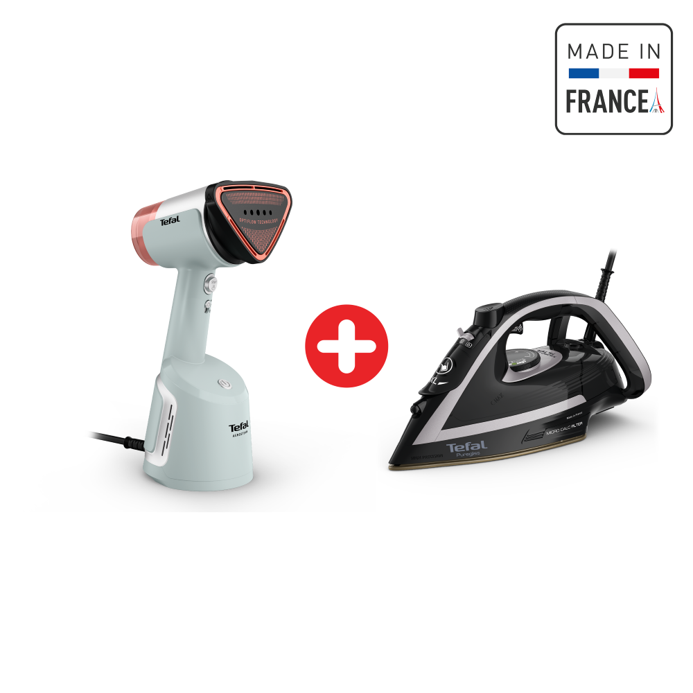 Tefal Handheld Garment Steamer Aerosteam 1400W, 20gmin,100ML, Optiflow Technology, White + Tefal Puregliss, Iron Steamer, 3000W, 280 gmin, Calc Collector, Auto-off Tefal Handheld Garment Steamer Aerosteam 1400W, 20gmin,100ML, Optiflow Technology, White + Tefal Puregliss, Iron Steamer, 3000W, 280 gmin, Calc Collector, Auto-off