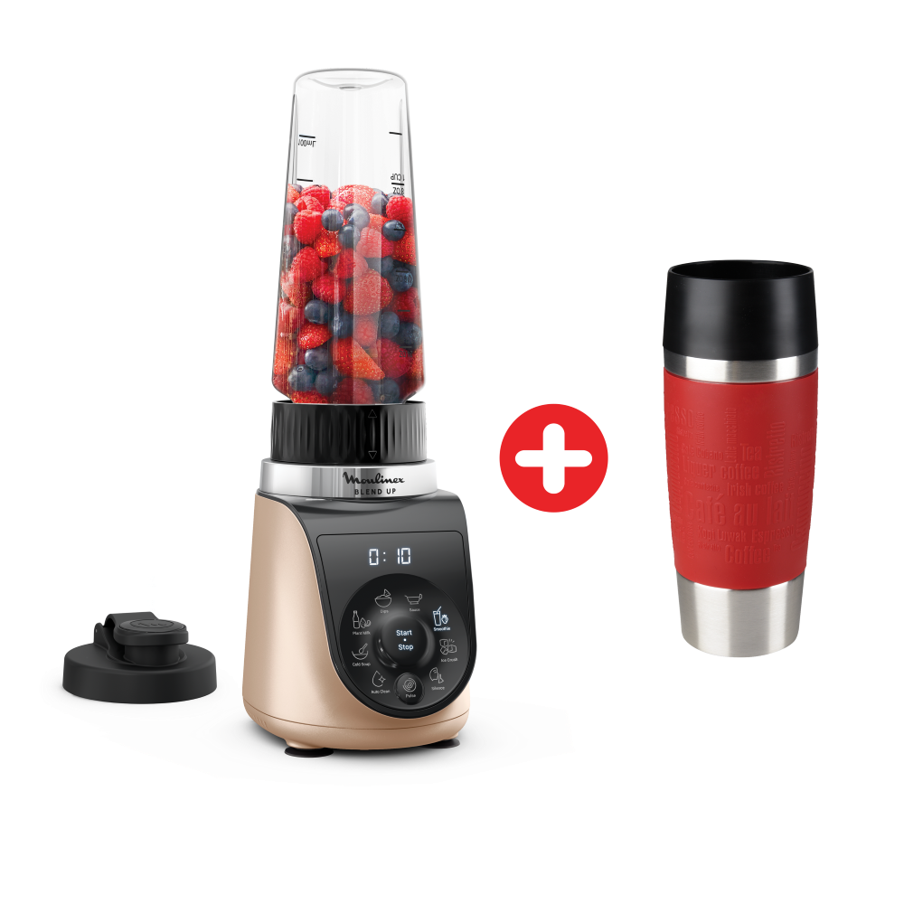 Moulinex Blend Up On The Go, Personal Blender,1000W, 0.7L, 8 Automatic programs + Pulse - LM190AF0 + Tefal Travel Mug Classic 0.36L, Red - N2020410 Moulinex Blend Up On The Go, Personal Blender,1000W, 0.7L, 8 Automatic programs + Pulse - LM190AF0 + Tefal Travel Mug Classic 0.36L, Red - N2020410