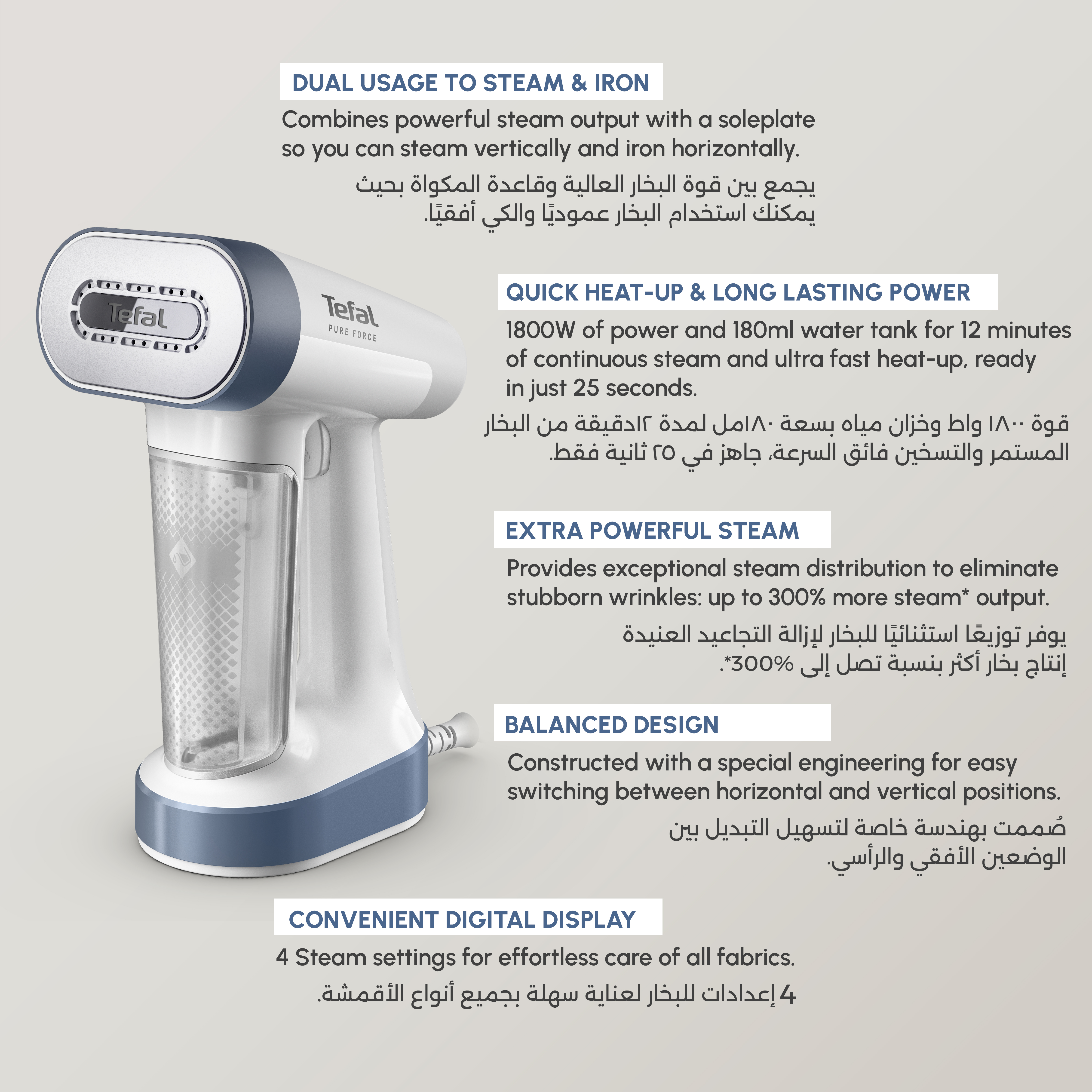 Tefal Handheld Garment Steamer Pure Force 1800W, Steam Boost 90gmin,180ML - DT8722E0 Tefal Handheld Garment Steamer Pure Force 1800W, Steam Boost 90gmin,180ML - DT8722E0
