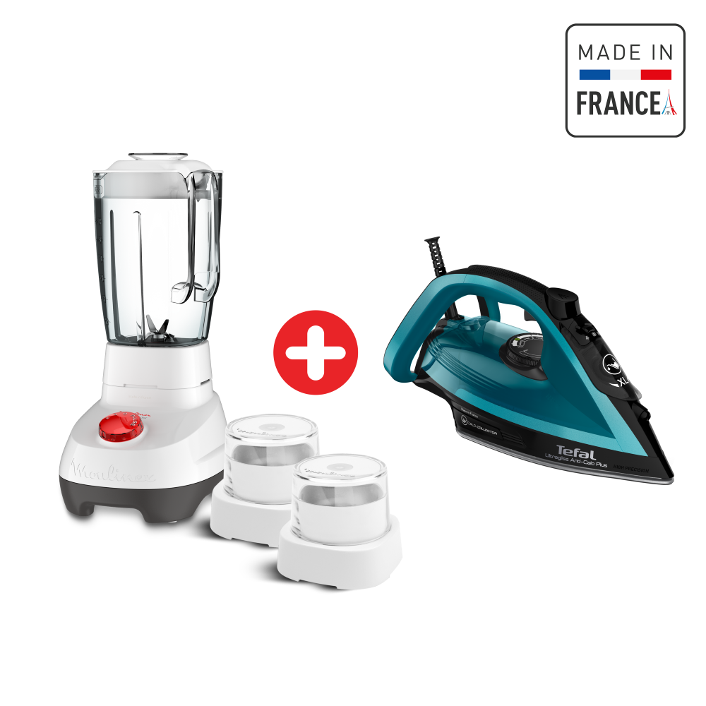 Tefal Steam Iron Ultragliss Plus, 2800W, 50 g minute, Black + Moulinex Super Blender with Grinder and Grater, 2 Liter, 700 Watt, White