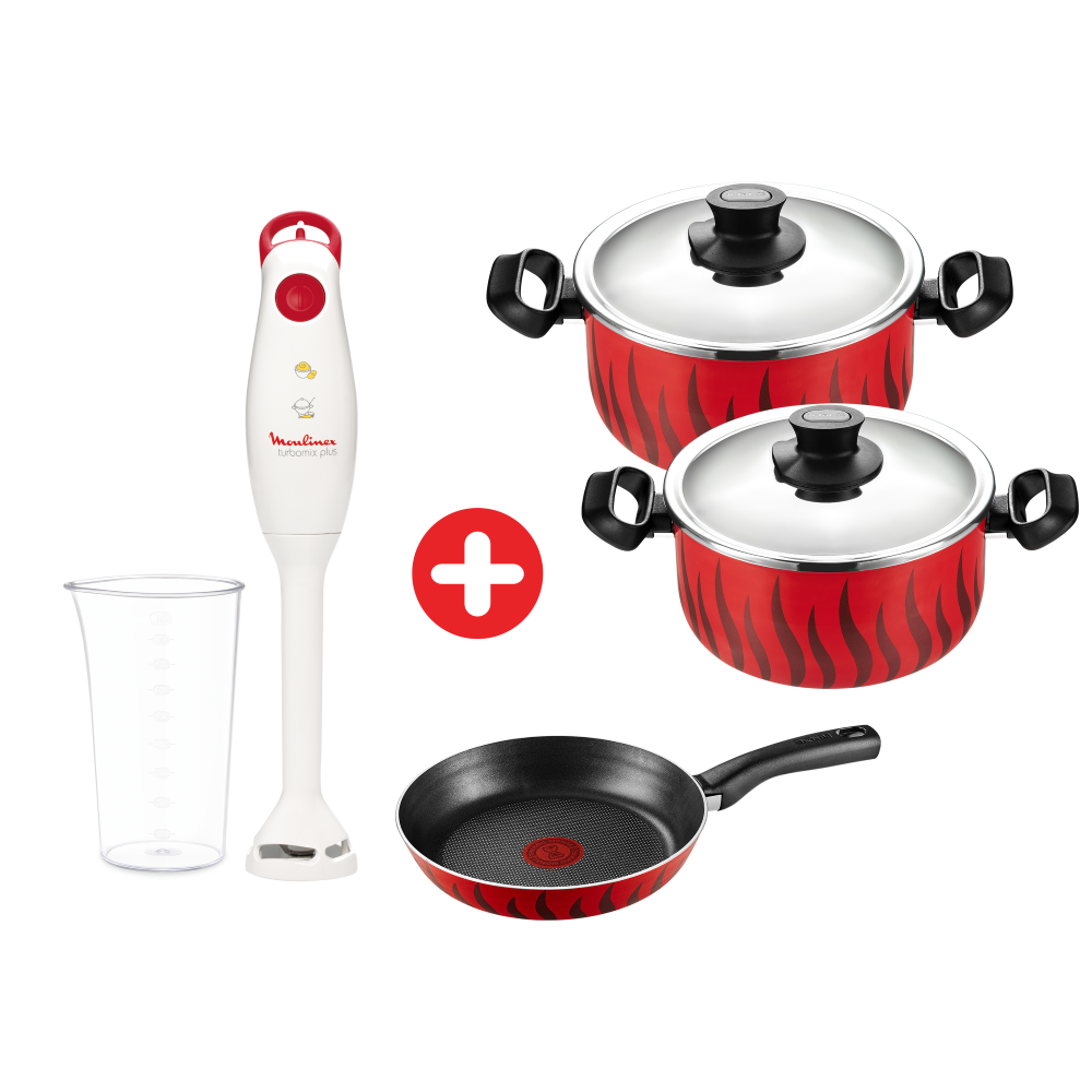 Tefal Tempo Flame Cooking Set, Stewpot Size 20,24 + Frypan 18 + Moulinex Turbomix Plus Hand Blender, 350 watt, Beaker 800 ml - DD1001EG