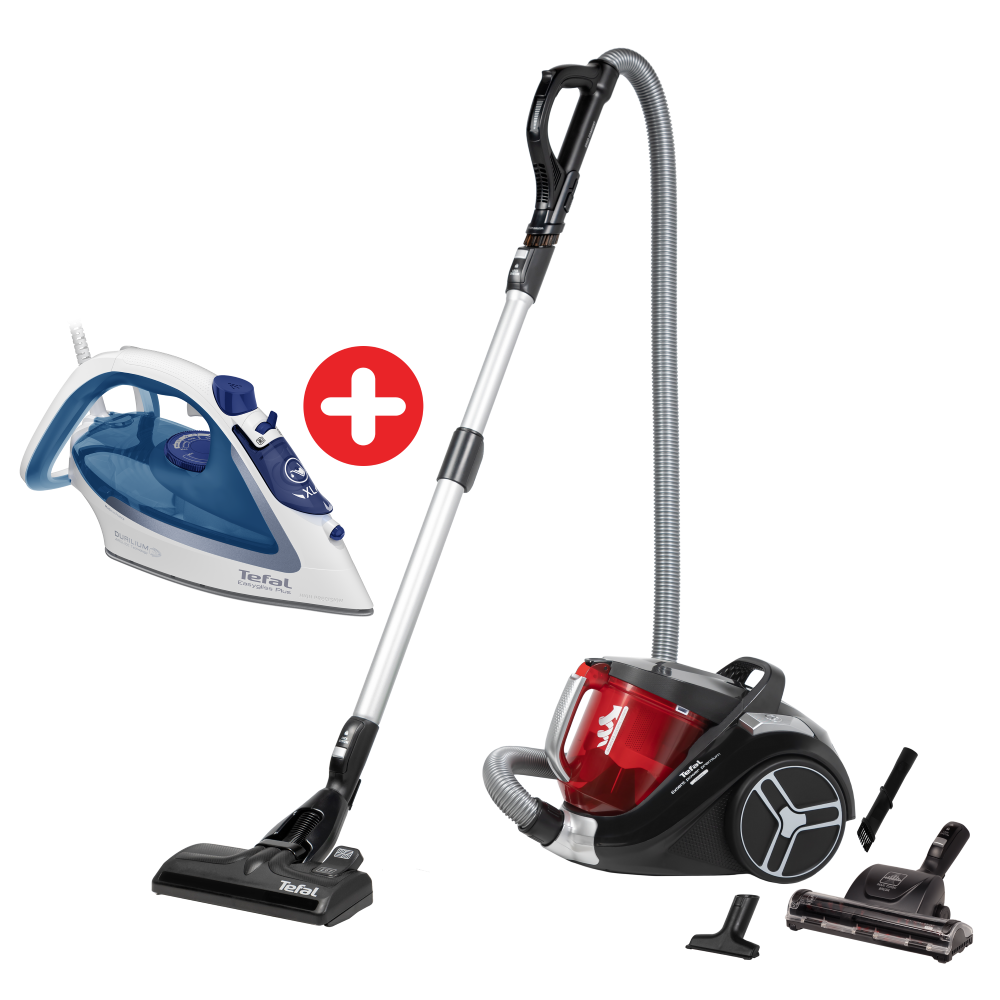Tefal Extent Power Premium, Vacuum Cleaner, Bagless, 890W=2100W, 2.5L Capacity, Black and Red - TW4863EG + Tefal Easygliss Plus Steam Iron, 2700 Watt, Blue - FV5751E0 Tefal Extent Power Premium, Vacuum Cleaner, Bagless, 890W=2100W, 2.5L Capacity, Black and Red - TW4863EG + Tefal Easygliss Plus Steam Iron, 2700 Watt, Blue - FV5751E0