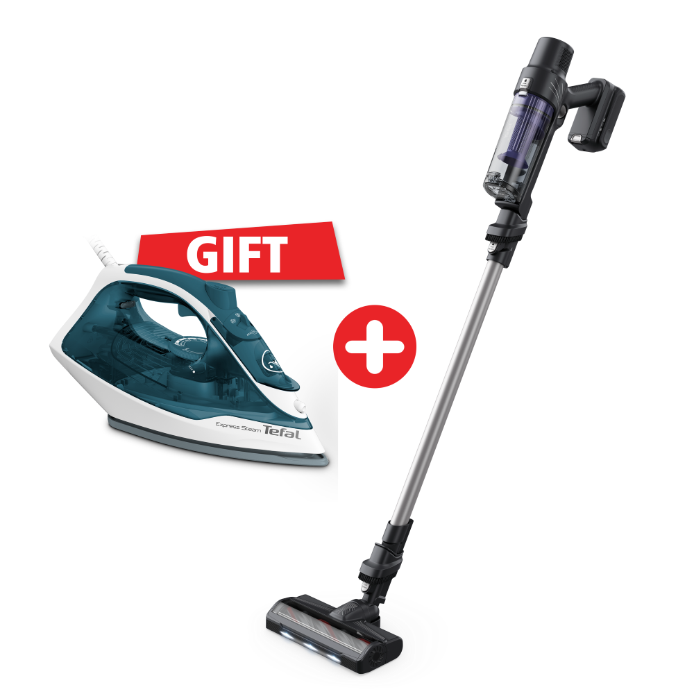 Tefal X-PERT 7.60, Handstick Vacuum Cleaner, 140W, 0.44L, 45min, Ultra-Lightweight + Free Gift Tefal Express Steam BLUE BOREAL - Steam Iron - 2200W - Ceramic X- Glide Soleplate Technology -  Continuous Steam Output up to 35 g/minute - Steam Boost up to 10