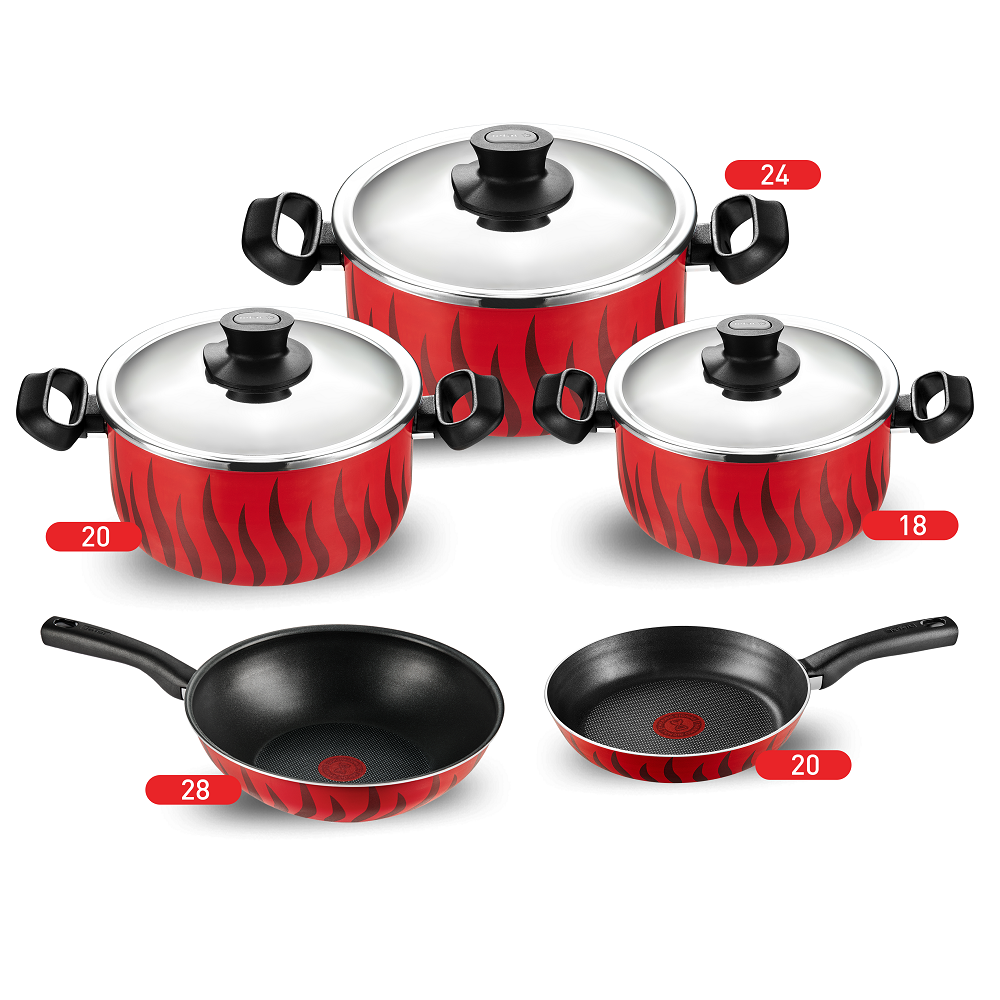 Tefal Tempo Flame Cooking Set, Stewpots 18,20,24 + Frypan 20 + Wok Pan 28