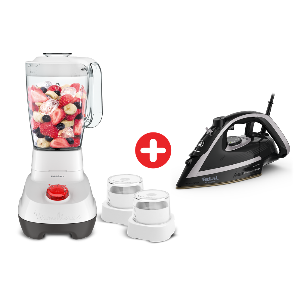 Tefal Puregliss, Iron Steamer, 3000W, 280 g/min + Moulinex Super Blender with Grinder and Grater, 2 Liter, 700 Watt