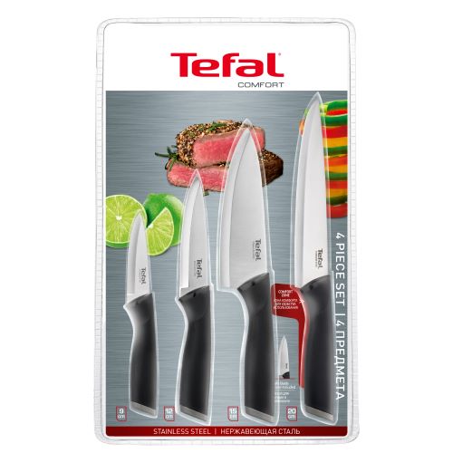 Tefal Comfort Paring Knife Set, 4 Pieces ( Paring 9 cm + Utility 12 cm + Chef 15 cm + Slicing 20 ), Black - K221S475 Tefal Comfort Paring Knife Set, 4 Pieces ( Paring 9 cm + Utility 12 cm + Chef 15 cm + Slicing 20 ), Black - K221S475