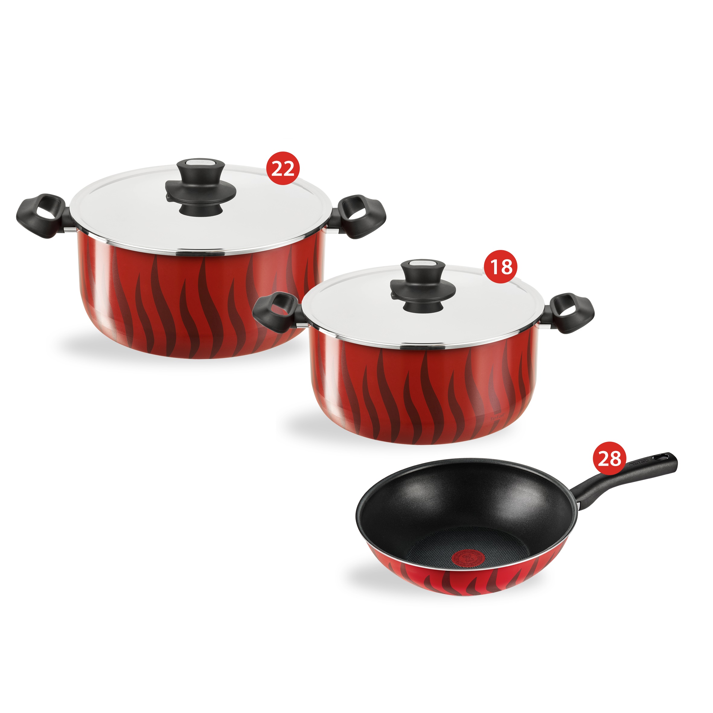 Tefal Tempo Flame Cooking Set, Stewpot 18,22 + Wok Pan 28